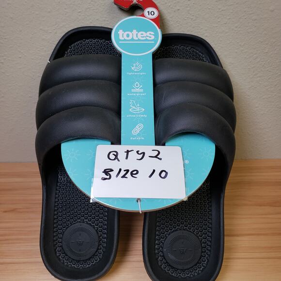 Totes Womens 10 Everywear Puffy Slide Sandals Solid Black Lightweight Waterproof - Picture 7 of 7